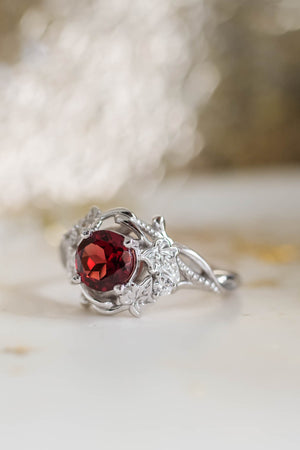 Natural garnet ivy leaves engagement ring, red gemstone ring / Undina - Eden Garden Jewelry™