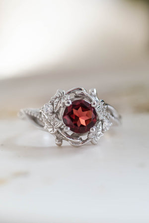 Natural garnet ivy leaves engagement ring, red gemstone ring / Undina - Eden Garden Jewelry™