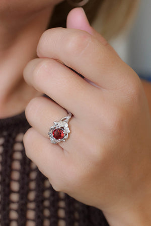 Natural garnet ivy leaves engagement ring, red gemstone ring / Undina - Eden Garden Jewelry™