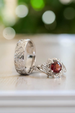 Wedding rings set for couples: gold ivy leaves band for him, gold ivy leaves ring with garnet for her - Eden Garden Jewelry™