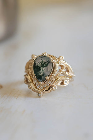 Moss agate engagement ring set, alternative ring set / Lida - Eden Garden Jewelry™