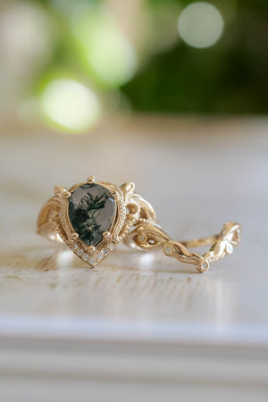 Moss agate engagement and wedding ring set / Lida - Eden Garden Jewelry™