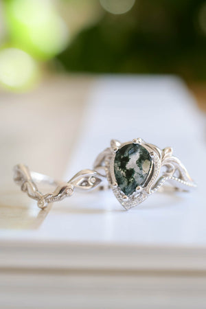 Unique moss agate bridal ring set, alternative engagement ring set / Lida - Eden Garden Jewelry™