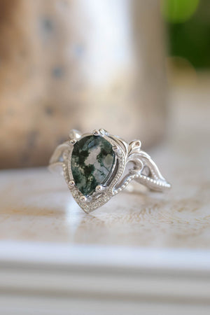 Moss agate white gold ring, one of a kind engagement ring / Lida - Eden Garden Jewelry™