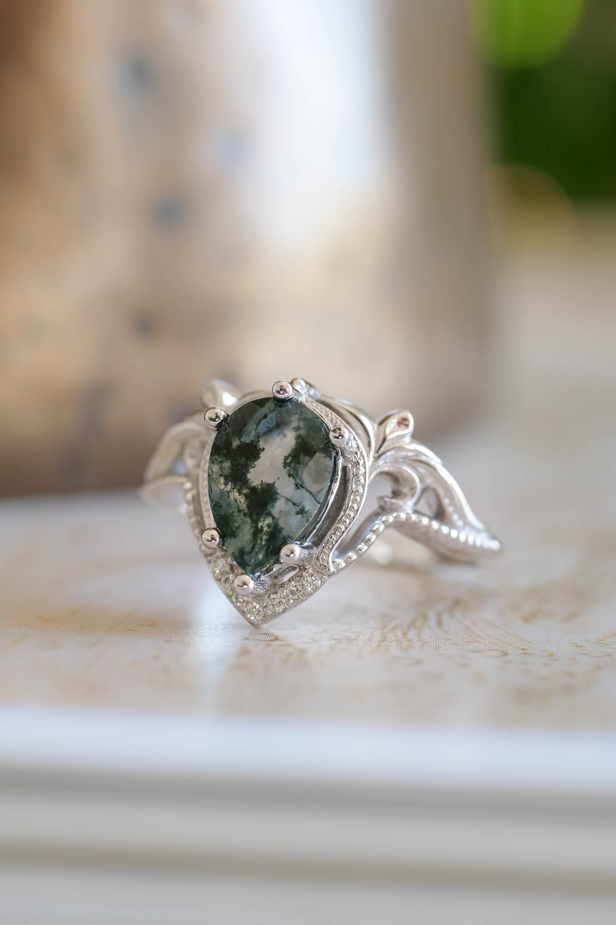 Pear moss agate engagement ring, gold statement ring / Lida - Eden Garden Jewelry™