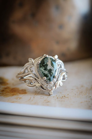 Moss agate engagement and wedding ring set / Lida - Eden Garden Jewelry™