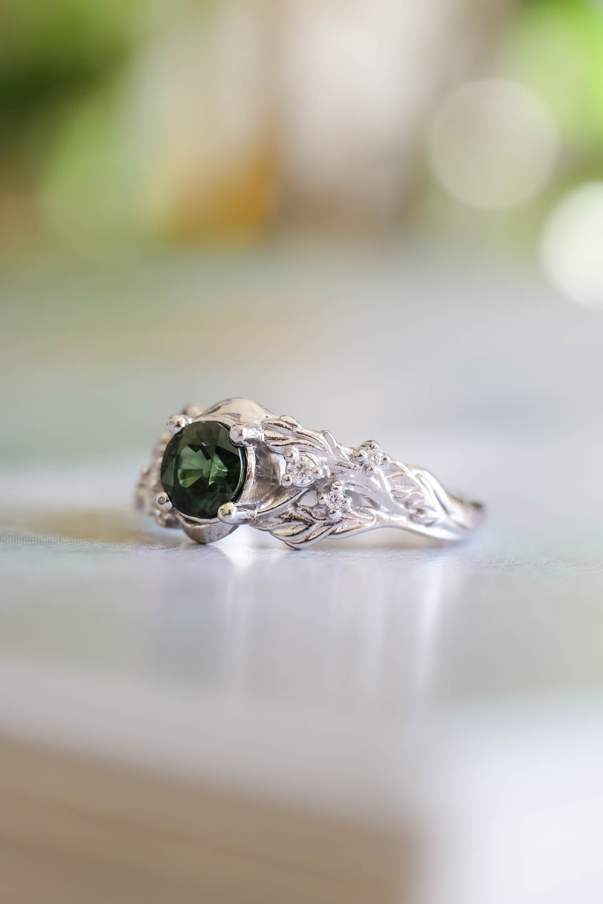 Genuine green sapphire engagement ring, nature inspired white gold engagement ring / Japanese Maple - Eden Garden Jewelry™