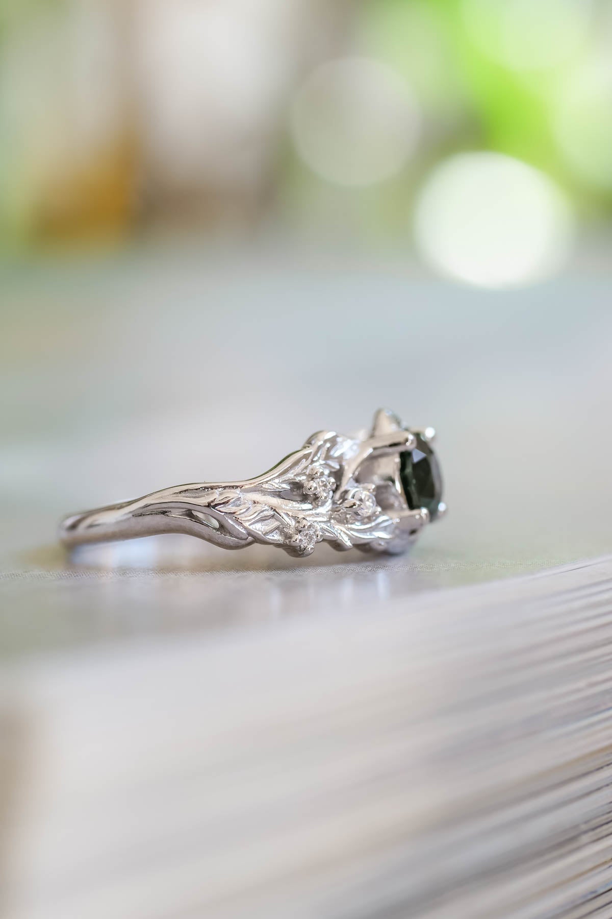 Genuine green sapphire engagement ring, nature inspired white gold engagement ring / Japanese Maple - Eden Garden Jewelry™