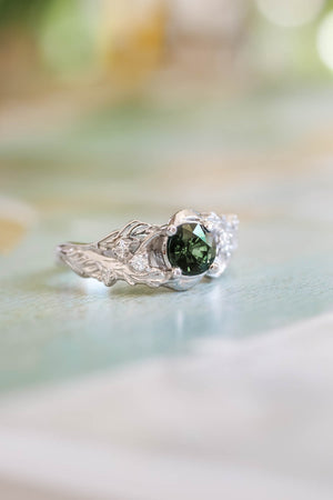 Genuine green sapphire engagement ring, nature inspired white gold engagement ring / Japanese Maple - Eden Garden Jewelry™