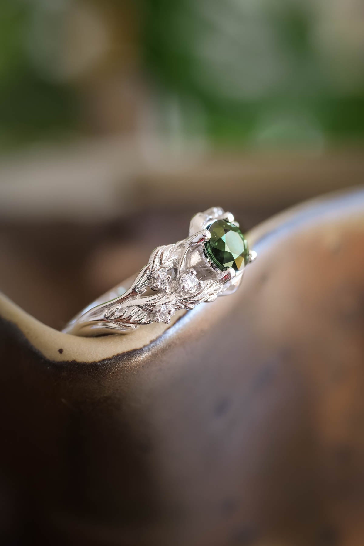 Genuine green sapphire engagement ring, nature inspired white gold engagement ring / Japanese Maple - Eden Garden Jewelry™