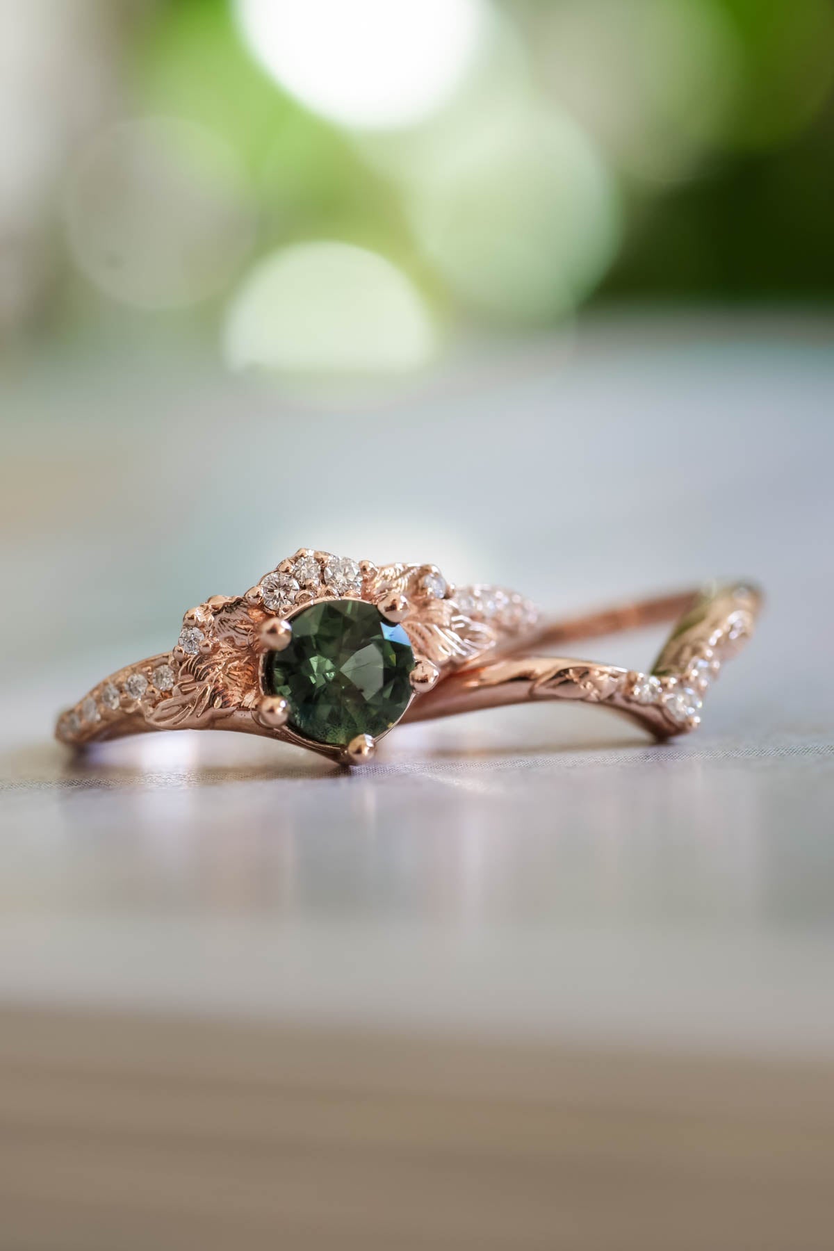 Natural green sapphire bridal ring set, sapphire and diamonds engagement ring / Amelia - Eden Garden Jewelry™