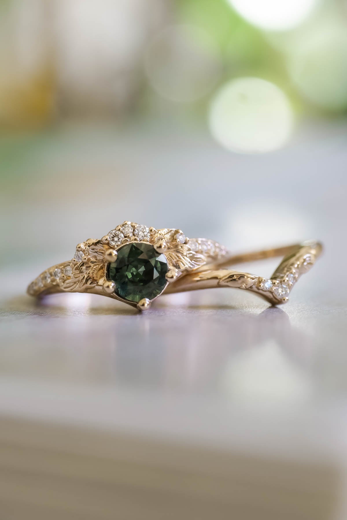 Natural green sapphire bridal ring set, sapphire and diamonds engagement ring / Amelia - Eden Garden Jewelry™