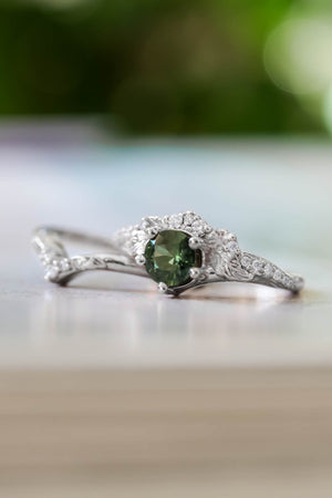 Natural green sapphire bridal ring set, sapphire and diamonds engagement ring / Amelia - Eden Garden Jewelry™