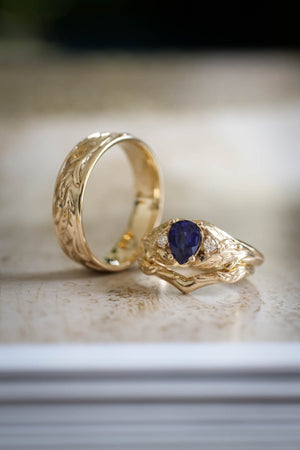 Wedding bands set for couple: leaf wedding band for him, Wisteria ring set with lab alexandrite for her - Eden Garden Jewelry™