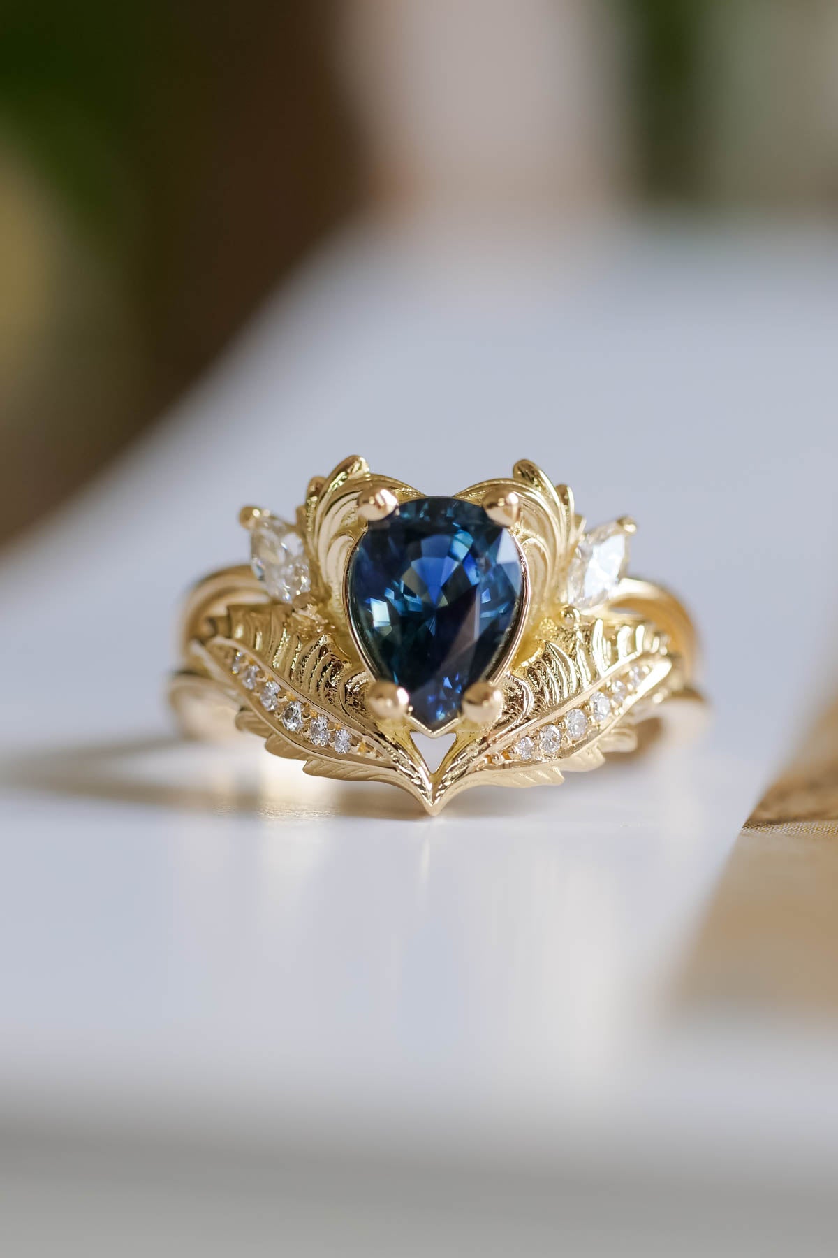 Dark blue sapphire engagement ring, ornate proposal ring with diamonds / Adonis - Eden Garden Jewelry™