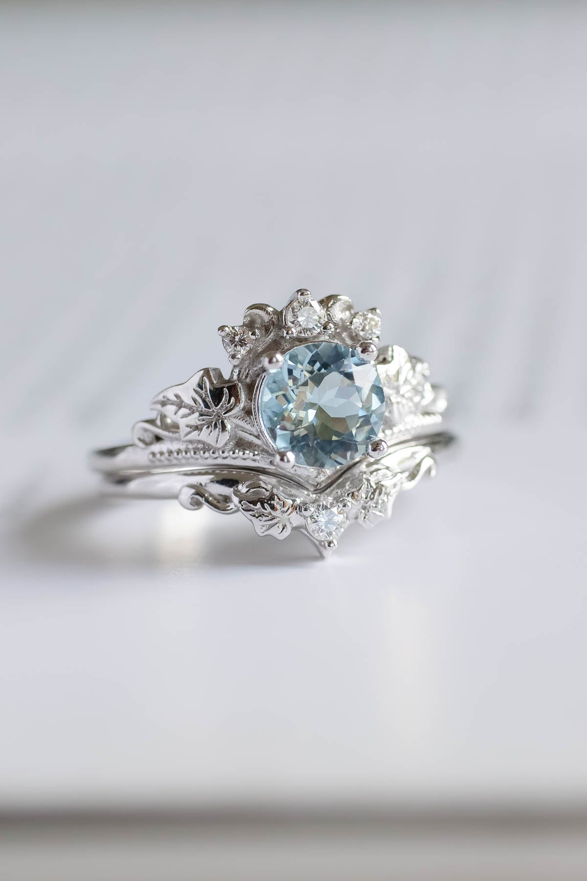 1 carat aquamarine engagement ring set, tiara shape gold ring with diamonds / Ariadne - Eden Garden Jewelry™