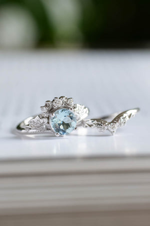 1 carat aquamarine engagement ring set, tiara shape gold ring with diamonds / Ariadne - Eden Garden Jewelry™