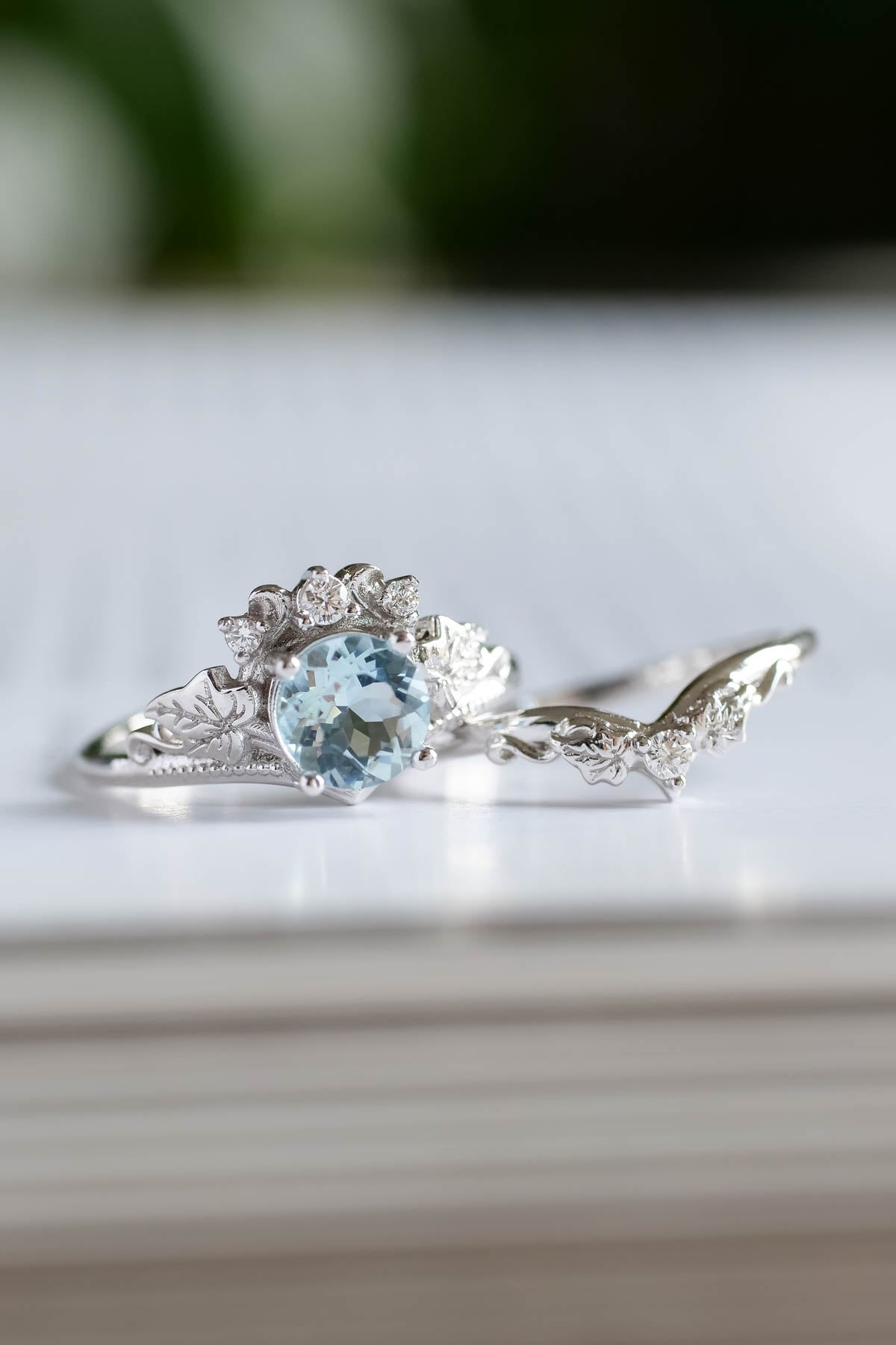 1 carat aquamarine engagement ring set, tiara shape gold ring with diamonds / Ariadne - Eden Garden Jewelry™