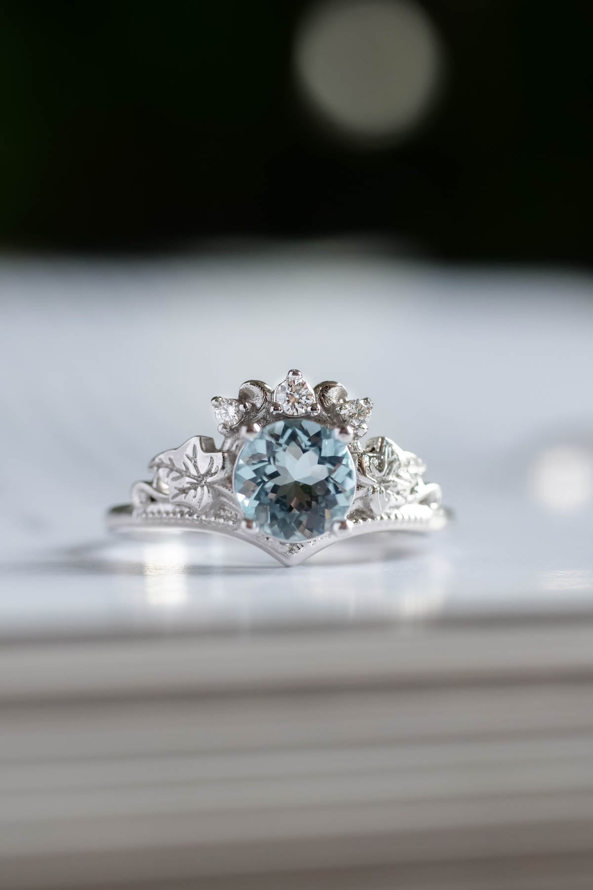 1 carat aquamarine engagement ring set, tiara shape gold ring with diamonds / Ariadne - Eden Garden Jewelry™