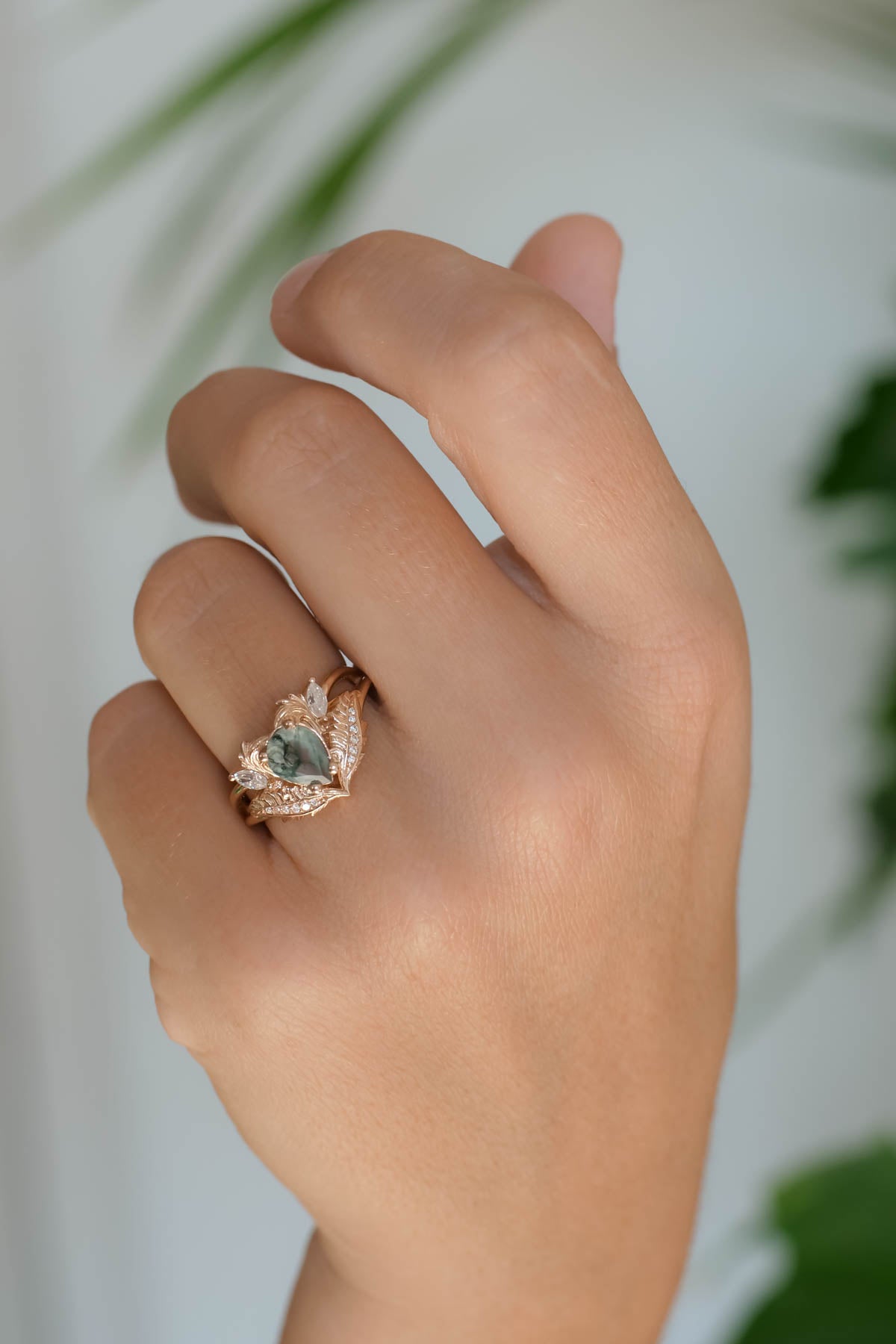 Natural moss agate engagement ring, rose gold proposal ring with diamonds / Adonis - Eden Garden Jewelry™