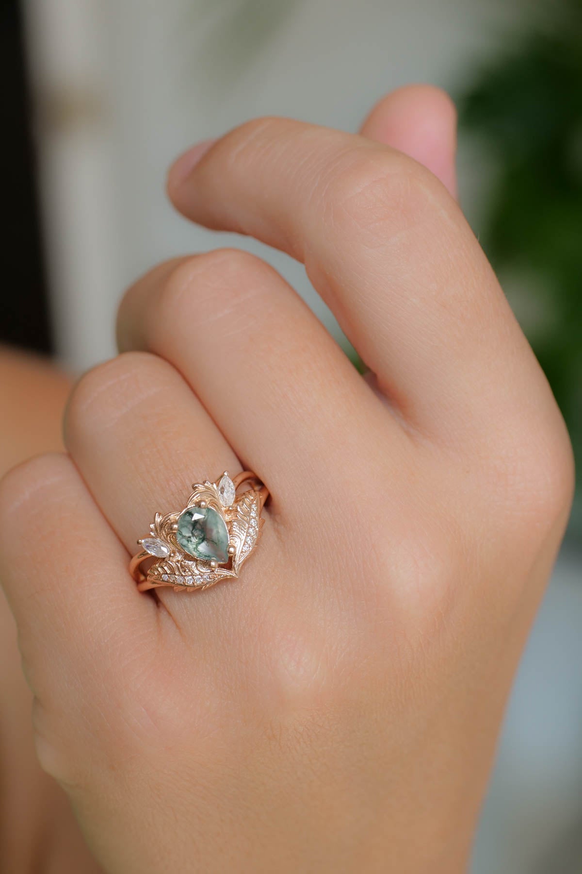 Natural moss agate bridal ring set, rose gold engagement rings with diamonds / Adonis - Eden Garden Jewelry™