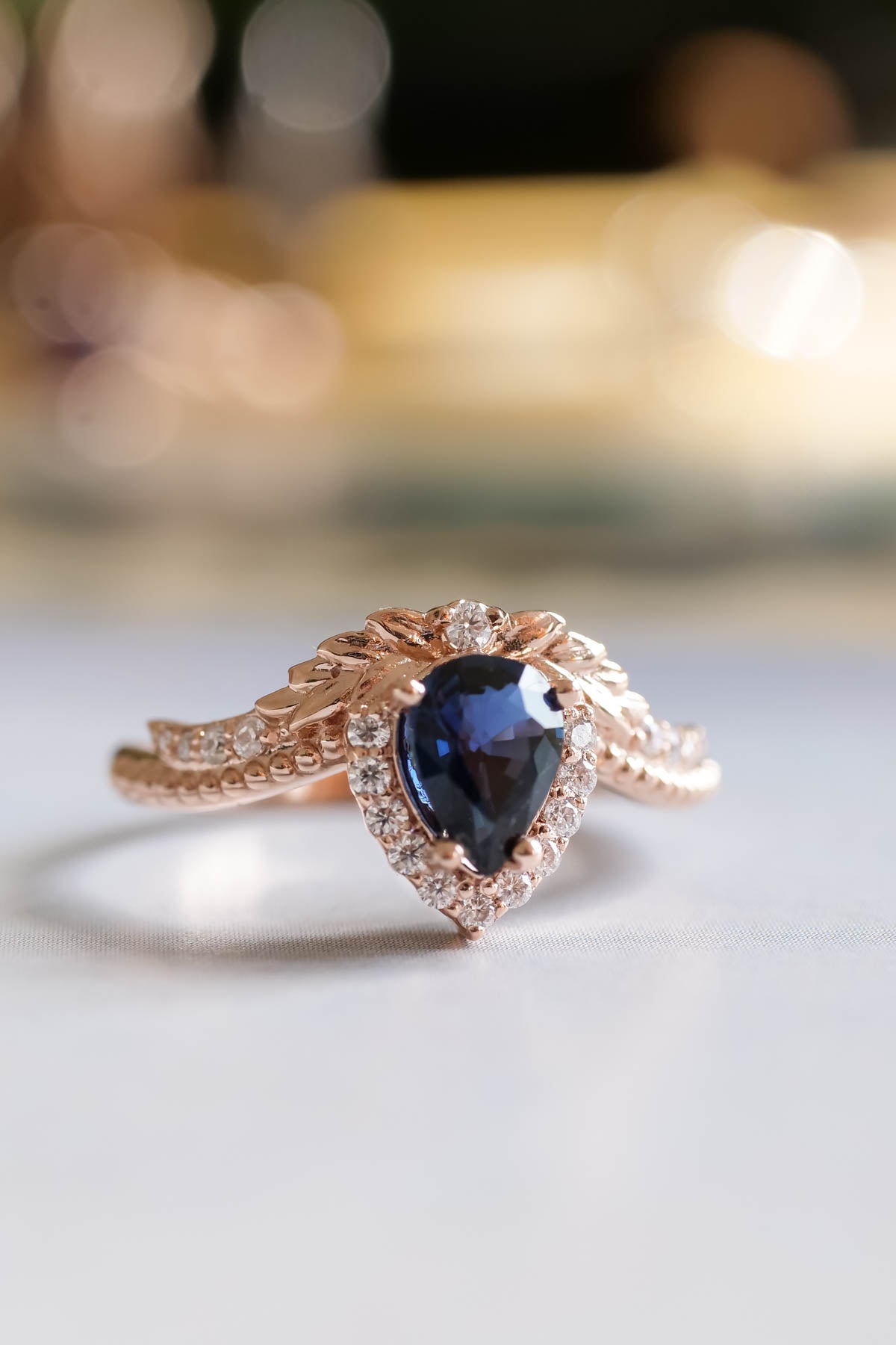 Genuine sapphire engagement ring, rose gold halo engagement ring / Lyonella - Eden Garden Jewelry™