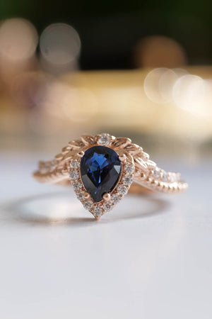 Genuine sapphire engagement ring, rose gold halo engagement ring / Lyonella - Eden Garden Jewelry™