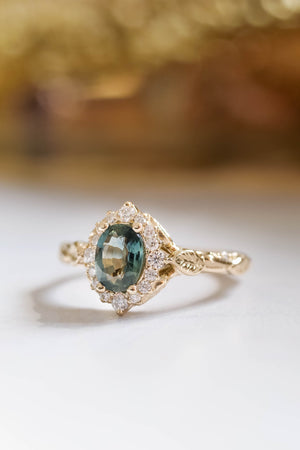 Diamond halo and sapphire engagement ring, gold leaf engagement ring  / Florentina - Eden Garden Jewelry™