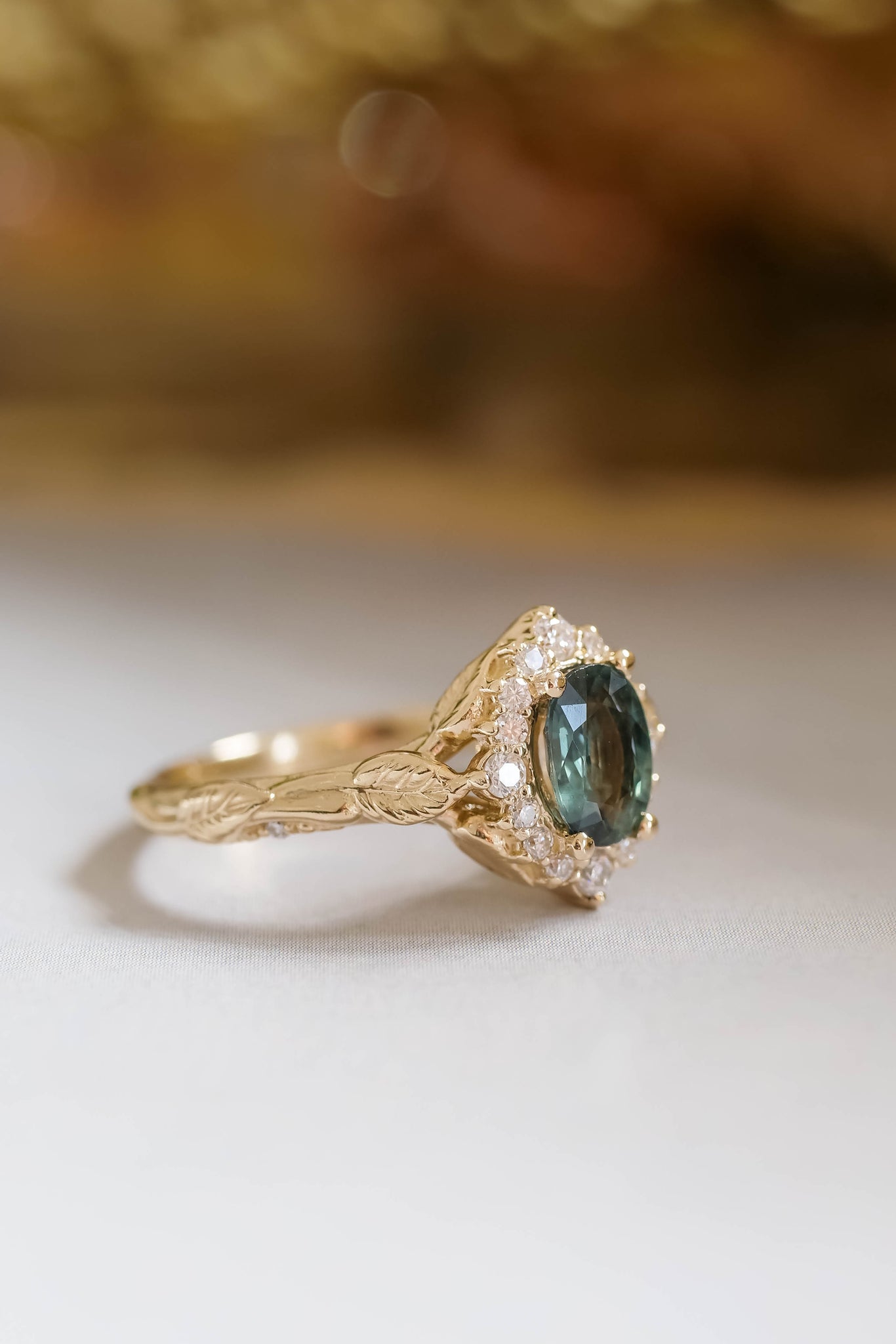 Diamond halo and sapphire engagement ring, gold leaf engagement ring  / Florentina - Eden Garden Jewelry™