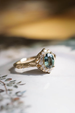 Diamond halo and sapphire engagement ring, gold leaf engagement ring  / Florentina - Eden Garden Jewelry™