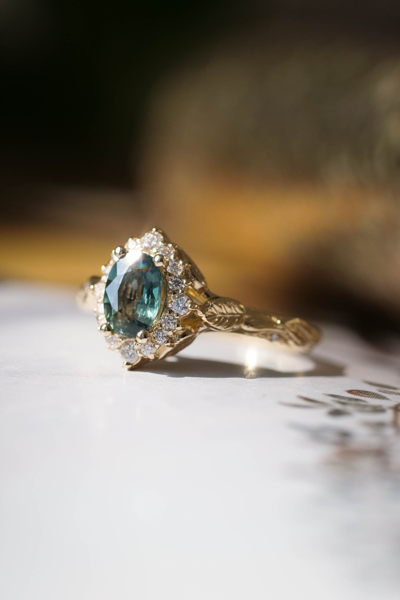 Diamond halo and sapphire engagement ring, gold leaf engagement ring  / Florentina - Eden Garden Jewelry™