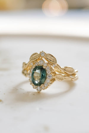 Halo sapphire leaf engagement ring set, nature inspired gold ring with diamond halo / Florentina - Eden Garden Jewelry™