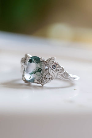 Moss agate and diamonds engagement ring, gold leaf and vine engagement ring / Vineyard - Eden Garden Jewelry™