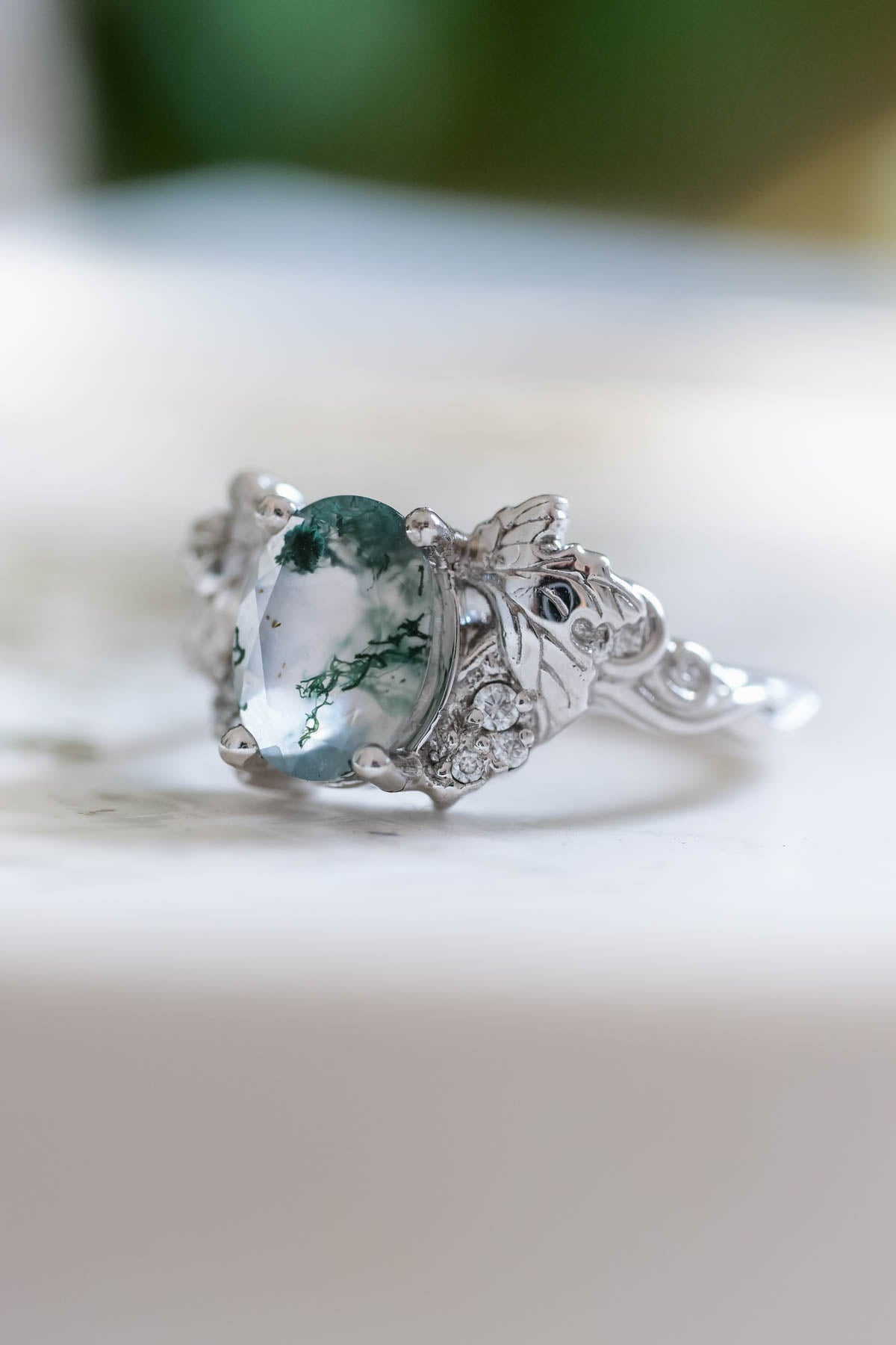 Moss agate and diamonds engagement ring, gold leaf and vine engagement ring / Vineyard - Eden Garden Jewelry™