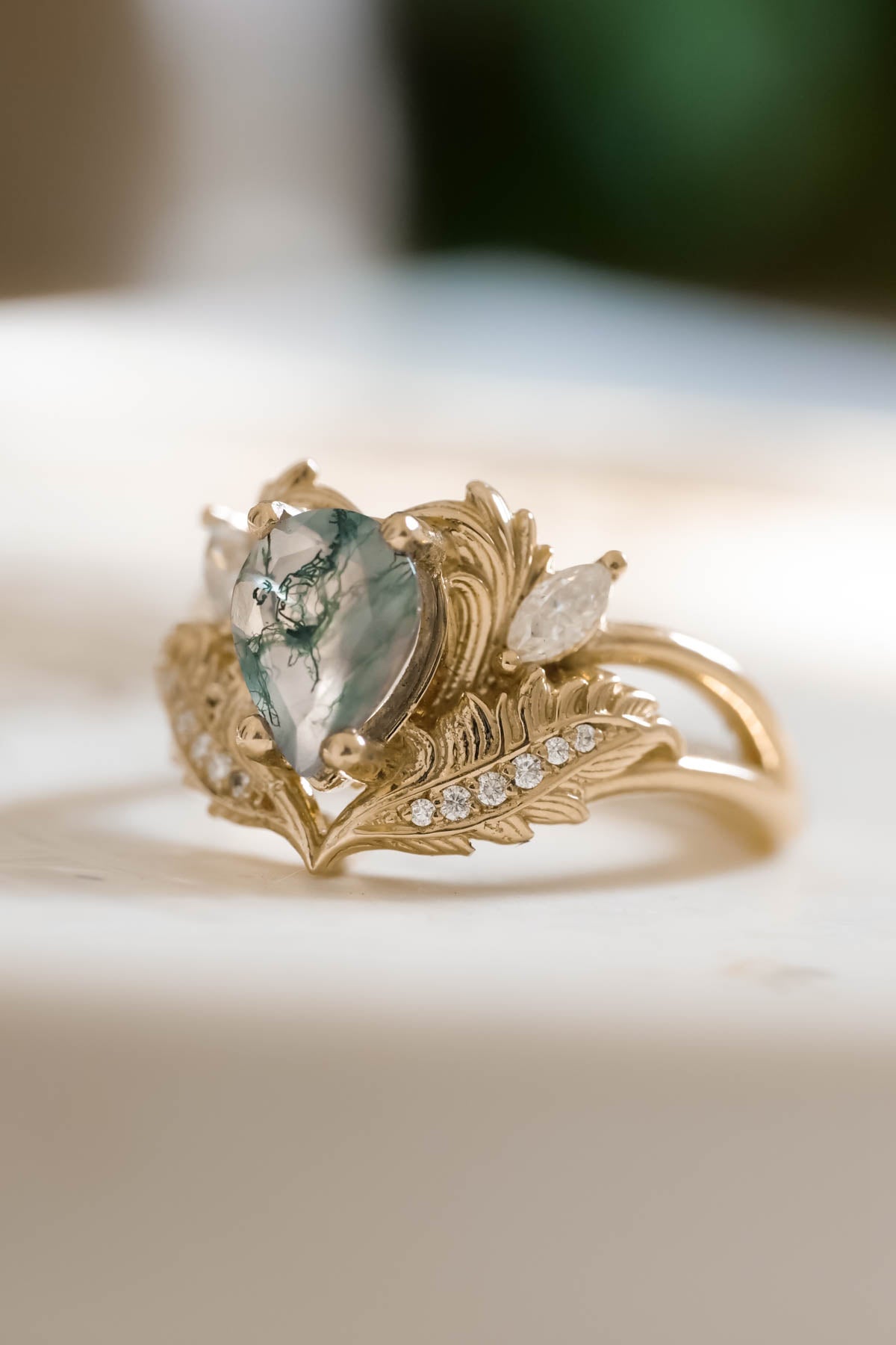 Natural moss agate engagement ring, rose gold proposal ring with diamonds / Adonis - Eden Garden Jewelry™