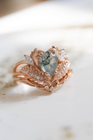 Natural moss agate bridal ring set, rose gold engagement rings with diamonds / Adonis - Eden Garden Jewelry™