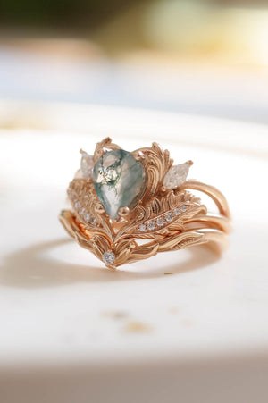 Natural moss agate bridal ring set, rose gold engagement rings with diamonds / Adonis - Eden Garden Jewelry™