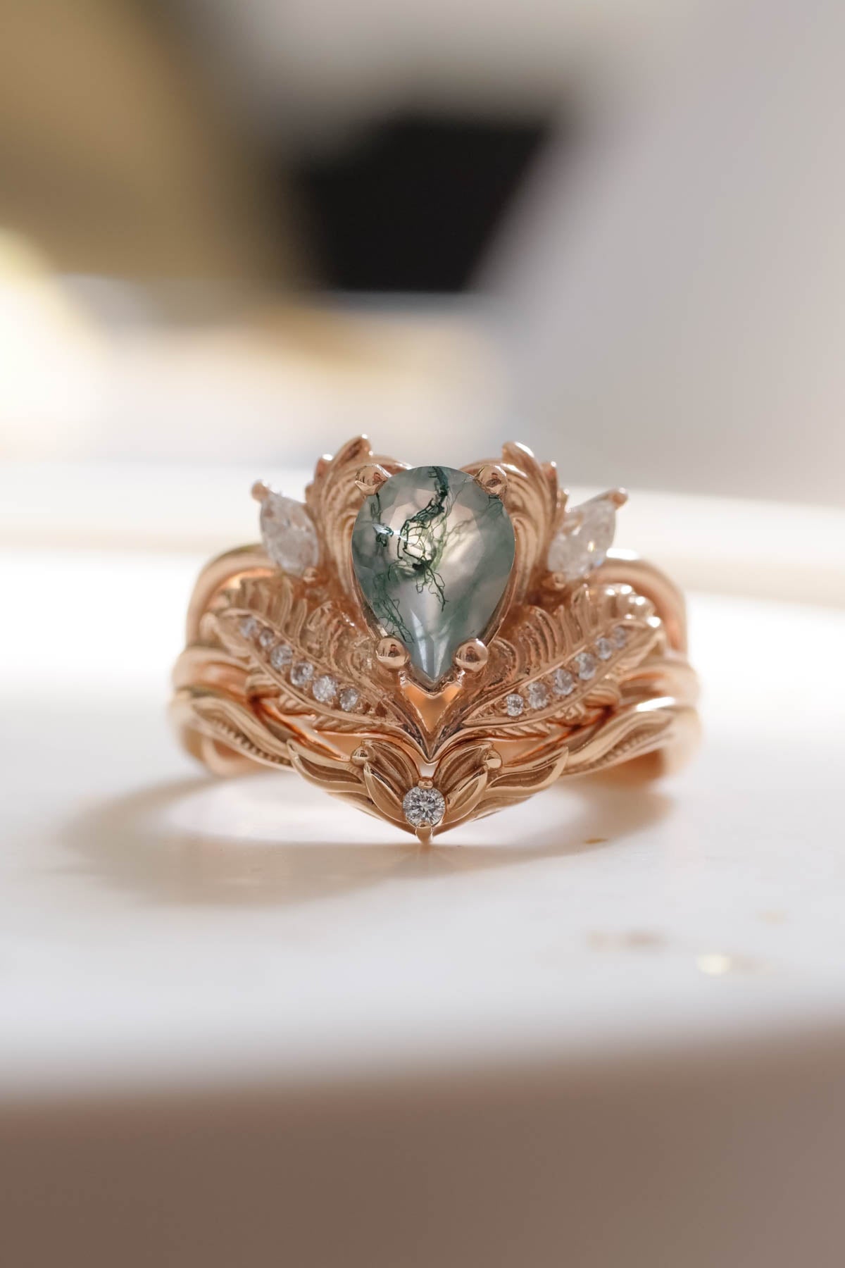 Natural moss agate bridal ring set, rose gold engagement rings with diamonds / Adonis - Eden Garden Jewelry™