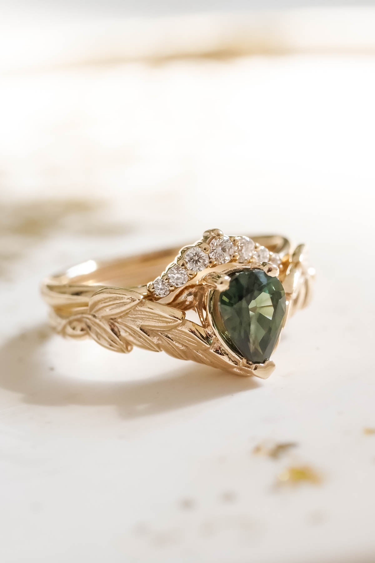 Natural green sapphire engagement ring, gold palm leaves ring with pear cut gemstone / Palmira - Eden Garden Jewelry™