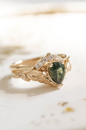 Green sapphire and diamonds bridal ring set, nature themed gold engagement and wedding rings / Palmira - Eden Garden Jewelry™