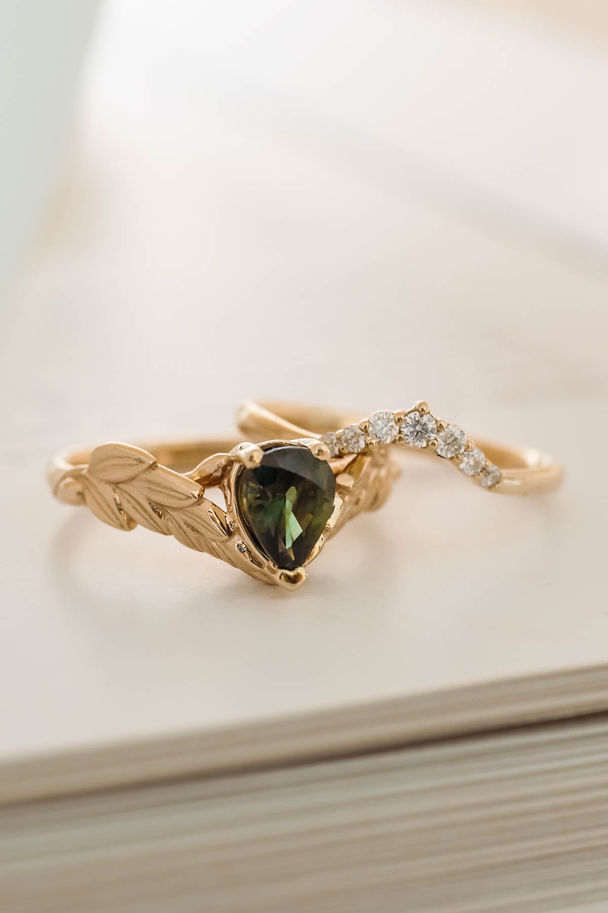 Natural green sapphire engagement ring, gold palm leaves ring with pear cut gemstone / Palmira - Eden Garden Jewelry™