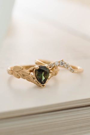 Natural green sapphire engagement ring, gold palm leaves ring with pear cut gemstone / Palmira - Eden Garden Jewelry™