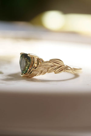 Natural green sapphire engagement ring, gold palm leaves ring with pear cut gemstone / Palmira - Eden Garden Jewelry™