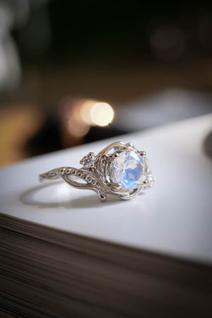 Moonstone engagement ring with diamonds, gold rainbow gemstone ring / Undina - Eden Garden Jewelry™