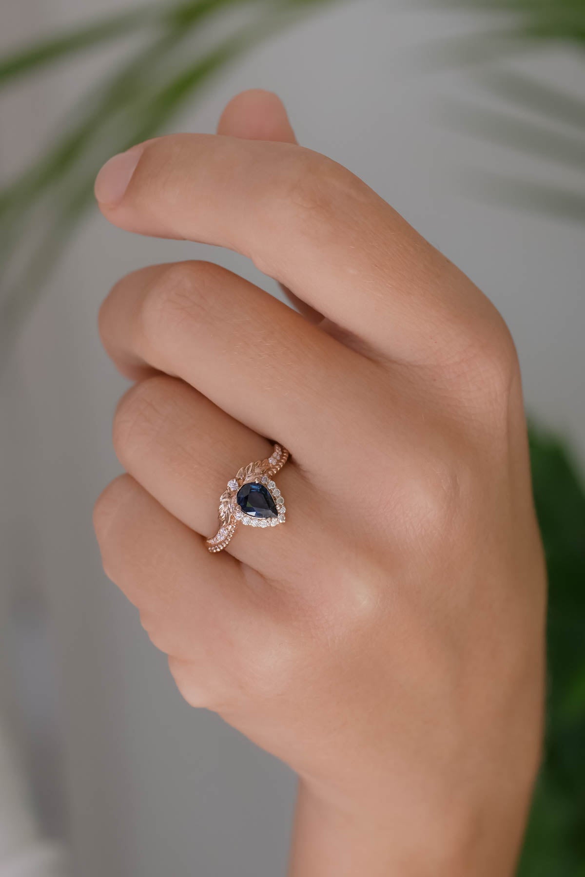 Genuine sapphire engagement ring, rose gold halo engagement ring / Lyonella - Eden Garden Jewelry™