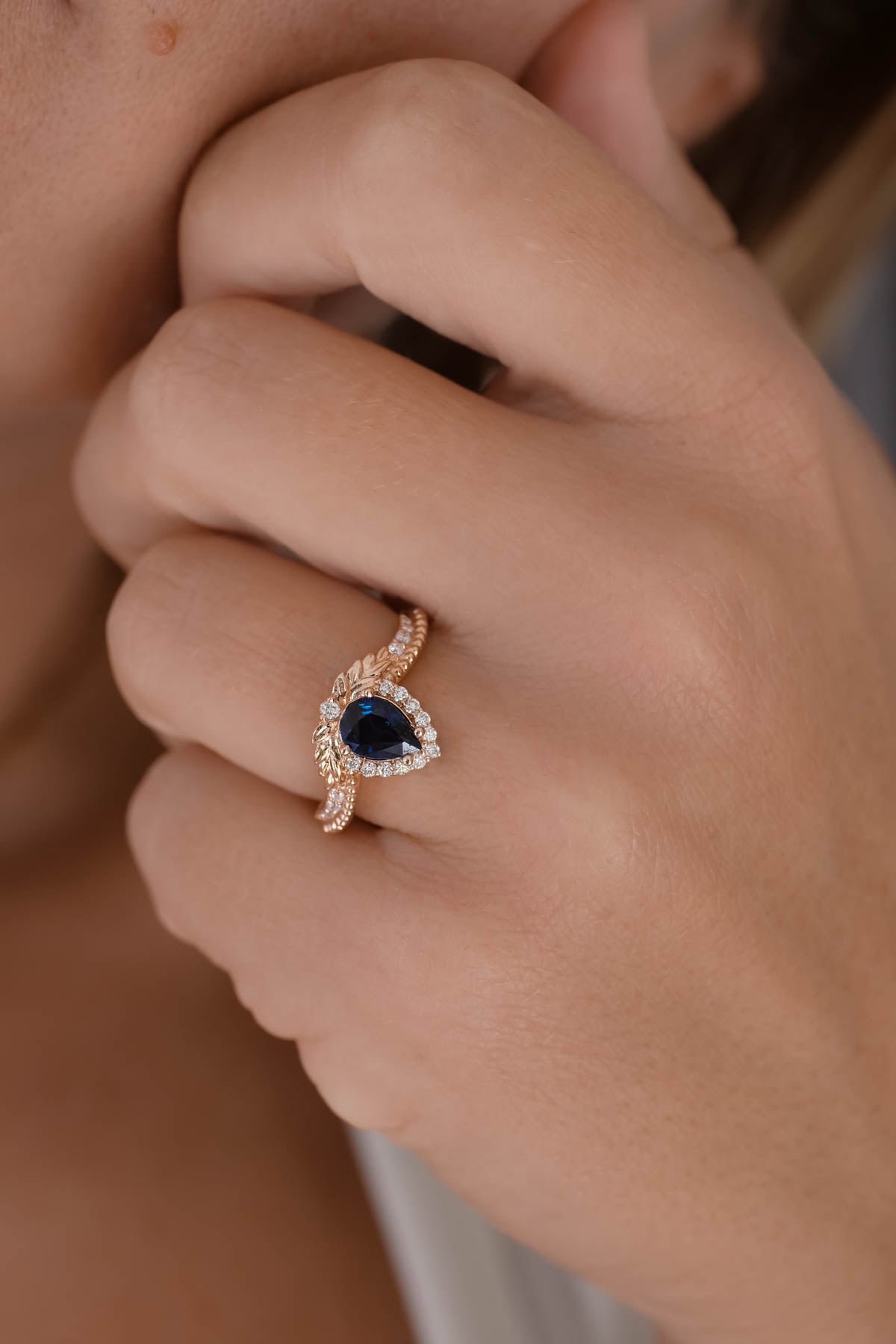 Genuine sapphire engagement ring, rose gold halo engagement ring / Lyonella - Eden Garden Jewelry™