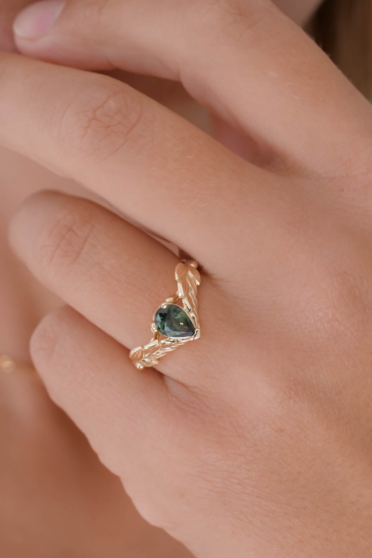 Natural green sapphire engagement ring, gold palm leaves ring with pear cut gemstone / Palmira - Eden Garden Jewelry™