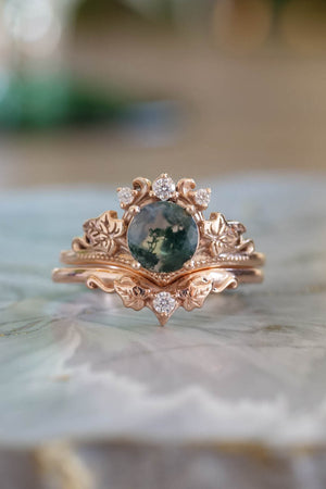 Moss agate gold ring set, diamond engagement ring set / Ariadne - Eden Garden Jewelry™