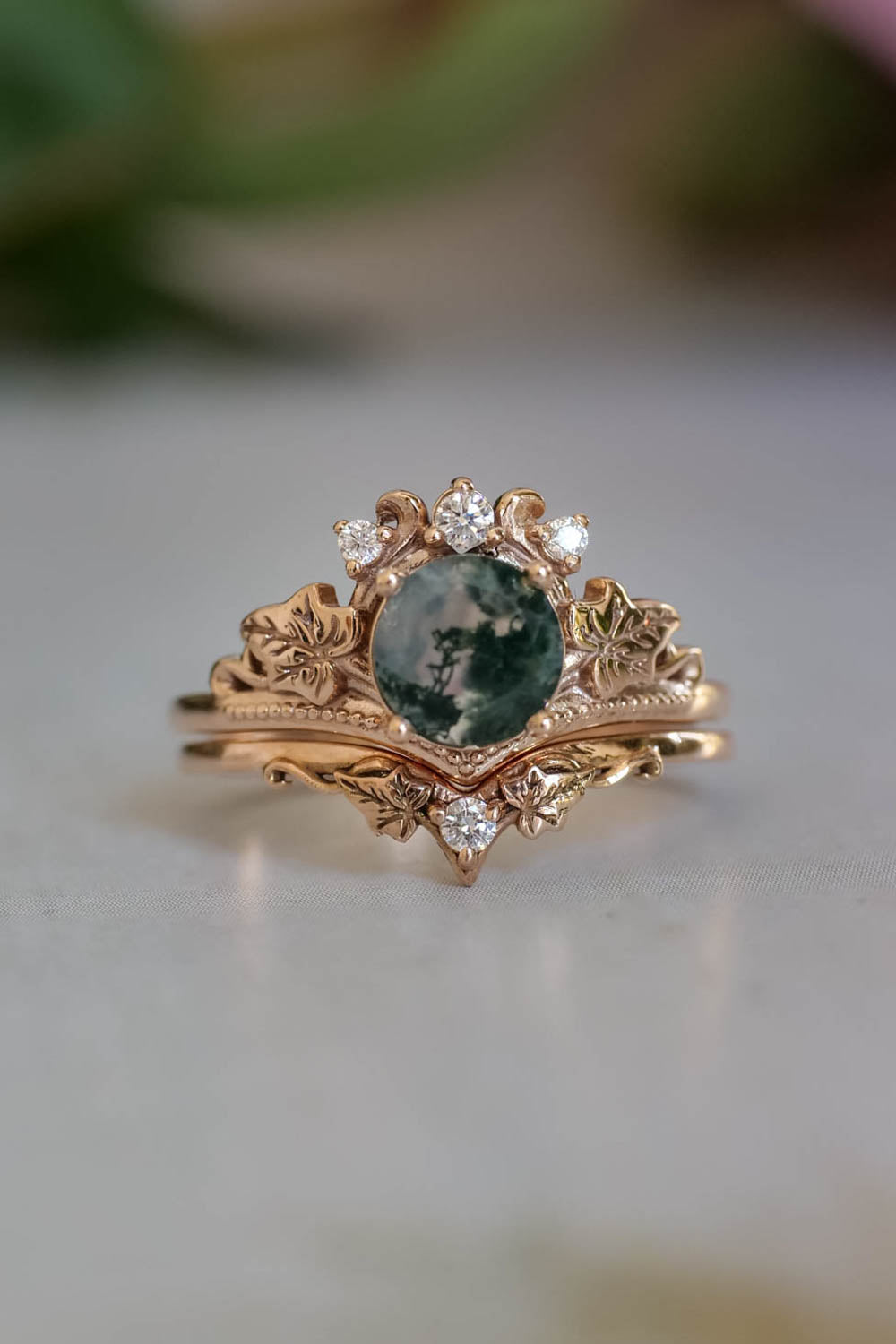 Moss agate gold ring set, diamond engagement ring set / Ariadne - Eden Garden Jewelry™