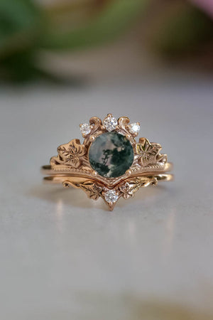 Moss agate gold ring set, diamond engagement ring set / Ariadne - Eden Garden Jewelry™